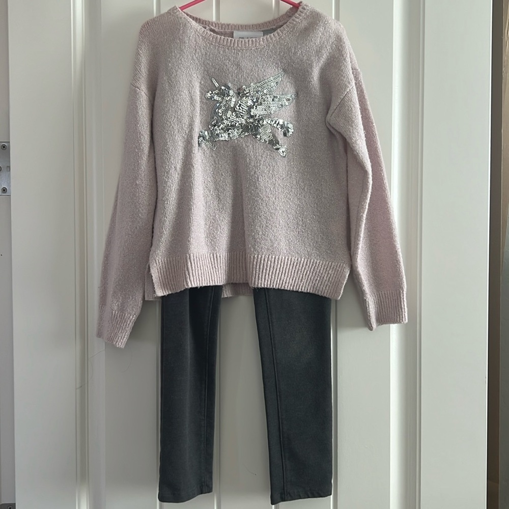 Girls Pink Sequin Sweater & Leggings Set - Size Small